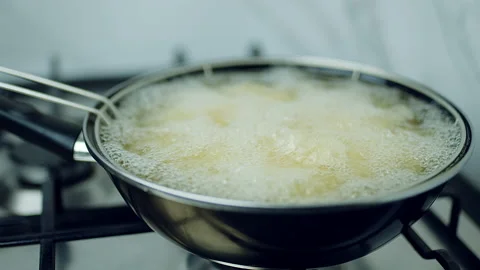 Frying Chicken in a pan full of oil. A pan with a frying basket in 4K. Stock Footage 138281938