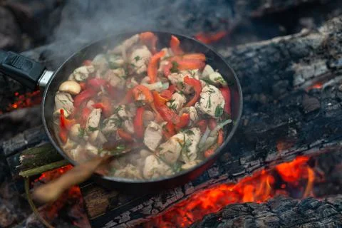 Frying chicken with vegetables in pan on fire. Winter picnic in forest Stock Photos