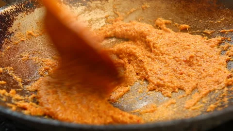 Frying chili paste in pan ,in door Chiangmai Thailand Stock Footage 148462105