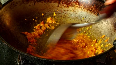 Frying   chili paste in pan, outdoor Chiangmai Thailand Stock Footage 264134603