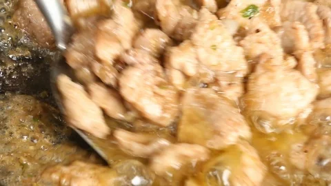 Frying chopped pork with shrimp paste in pan , Thai food Video stock 91240446