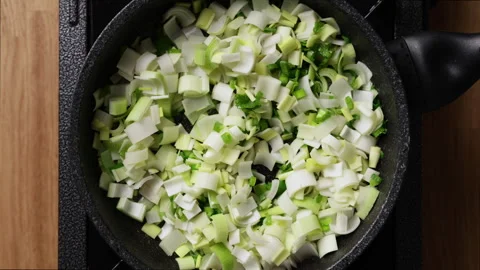 Frying Chopped Vegetables In Pan Top View Stock Footage 337191585