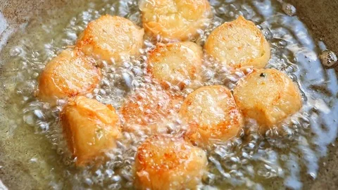 Frying crab meat roll in pan, Chiangmai Thailand Stock Footage 115495877