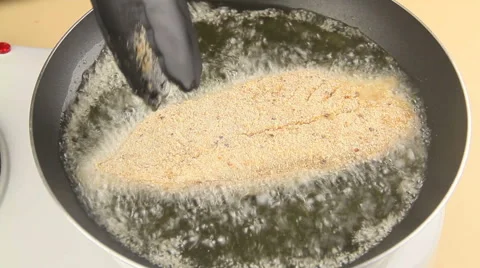 Frying Crumbed Fish Fillet In pan Stock Footage 61199768