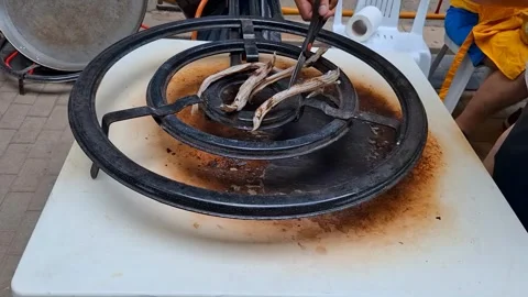 Frying eels on an electric stove stab Stock Footage 337355287