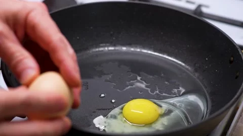 Frying Egg in a Cooking Pan, close-up. Man hands cracking and eggs into fry.. Stock Footage 272156182