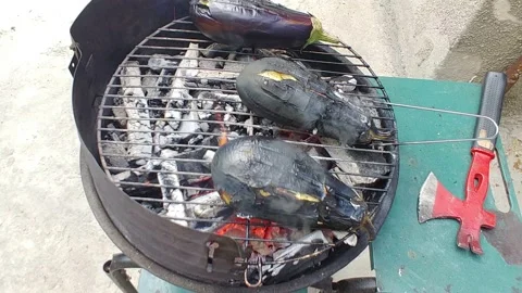 Frying Eggplant On Outdoor Grill Vídeo Stock 130517828