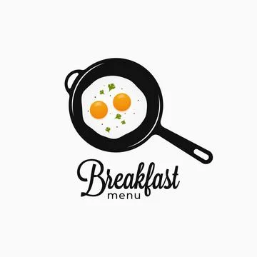 Frying eggs on frying pan. Breakfast menu logo Stock Illustration