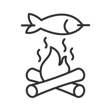 Frying fish over a campfire in nature, icon in line design. Outdoor cooking Stock Illustration