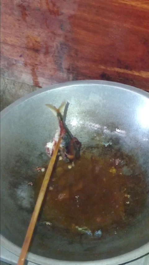 Frying Fish in Pan on Traditional Kerosene Stove Stock-Footage 335426053