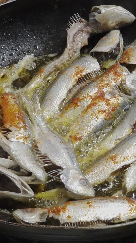Frying Fish In Spicy Oil in Pan Stock Footage 335093882