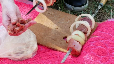 Frying Fresh Meat, Kebab, BBQ at Picnic 4K Grill Stock Footage 89738916