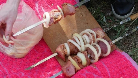 Frying Fresh Meat, Kebab, BBQ at Picnic 4K Grill Stock Footage 89739690