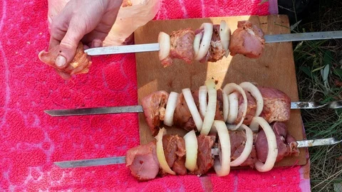 Frying Fresh Meat, Kebab, BBQ at Picnic 4K Grill Stock-Footage 89740518