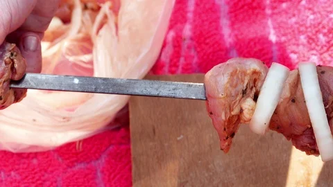 Frying Fresh Meat, Kebab, BBQ at Picnic 4K Grill Stock-Footage 89741012