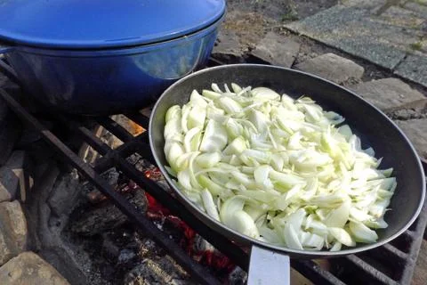 Frying fresh onios Fotos Stock