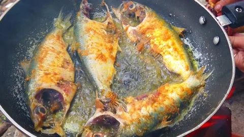 Frying fresh sardine fish in hot oil Stock Footage 232407655