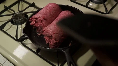 Frying Ground Beef in A Cast Iron Skillet Stock Footage 71446090