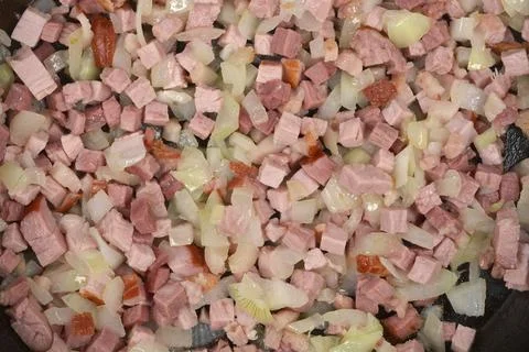 Frying Ham and Onions Stock Photos