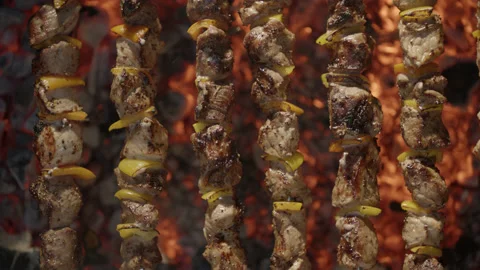 Frying Kebab Meat on Burning Coal Top Down View Stock-Footage 144653123