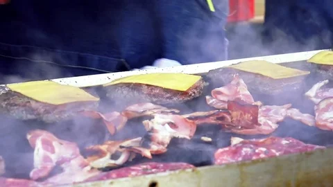 Frying meat for burger Stock Footage 82974295