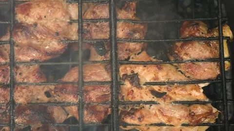Frying meat on the coals. In the barbecue Stock Footage 111279059