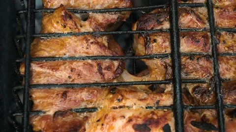 Frying meat on the coals. In the barbecue Stock Footage 111279185