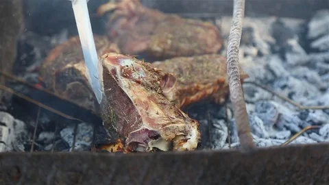Frying meat on the coals in the brazier. Close-up Stock Footage 111461750