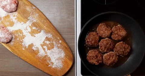 Frying meat cutlets in oil in a frying pan, plate top view. Stock Footage 128257319