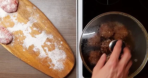 Frying meat cutlets in oil in a frying pan, plate top view. Stock Footage 128257434