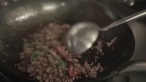 Frying Meat, Pan, Food, Kitchen, Thai Food, B-Roll, Close-up, Chili, Delicious Stock Footage 144071652