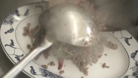 Frying Meat, Pan, Food, Kitchen, Thai Food, B-Roll, Close-up, Chili, Delicious Stock Footage 144071653