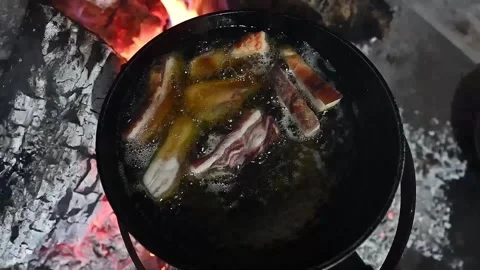 Frying meat in a pan over embers in a fireplace Stock Footage 320407534