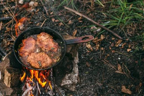 Frying meat in a pan over an open fire with leek. Steak in a pan on a fire. C Stock Photos
