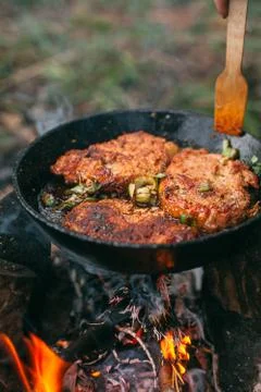Frying meat in a pan over an open fire with leek. Steak in a pan on a fire. C Foto stock