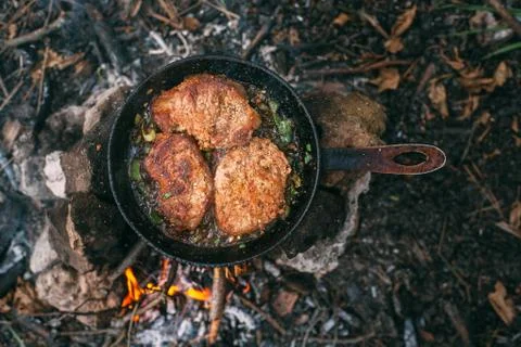 Frying meat in a pan over an open fire with leek. Steak in a pan on a fire. C Stock Photos