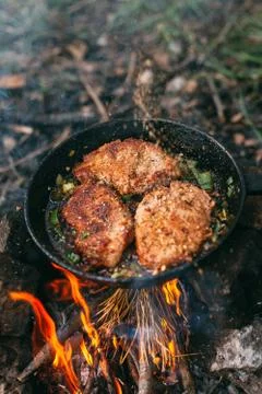 Frying meat in a pan over an open fire with leek. Steak in a pan on a fire. C Stock Photos
