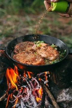 Frying meat in a pan over an open fire with leek. Steak in a pan on a fire. C Stock Photos