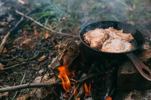 Frying meat in a pan over an open fire with leek. Steak in a pan on a fire. C Stock Photos
