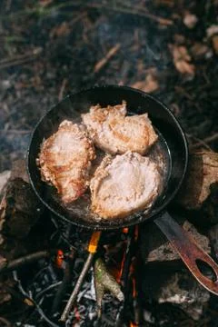 Frying meat in a pan over an open fire with leek. Steak in a pan on a fire. C Foto stock