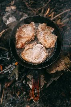 Frying meat in a pan over an open fire with leek. Steak in a pan on a fire. C Stock Photos