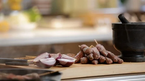 Frying meat skewers. Stock Footage 106077864