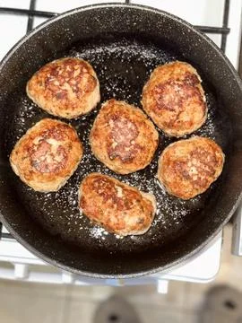 Frying Meatballs in Pan Stock Photos