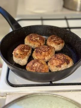 Frying Meatballs in Pan Stock Photos