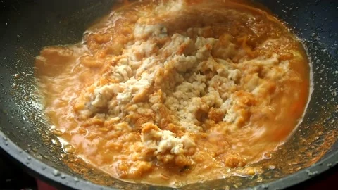 Frying minced fish with chilli paste in pan, Thai famous food Stock Footage 221553856