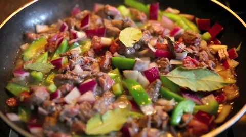 Frying minced meat on a Teflon pan Stock Footage 45426371