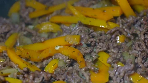 Frying minced meat on a Teflon pan Stock Footage 46369682