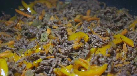 Frying minced meat on a Teflon pan Stock Footage 46369721