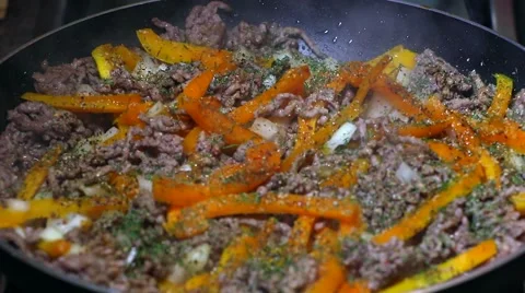 Frying minced meat on a Teflon pan Stock Footage 46369822