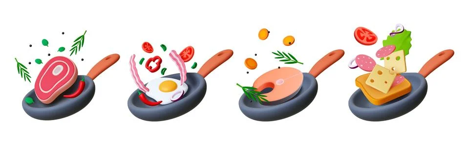 Frying pan 3d element. Fry meat fish eggs and toast. Cooking breakfast lunch or Stock Illustration